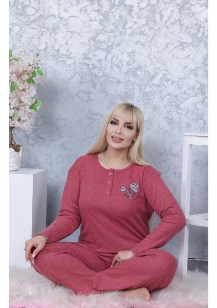 Kadın Büyük Beden Kışlık Bordo Tek Çiçek Pijama Takımı Annegri1 fiyatları