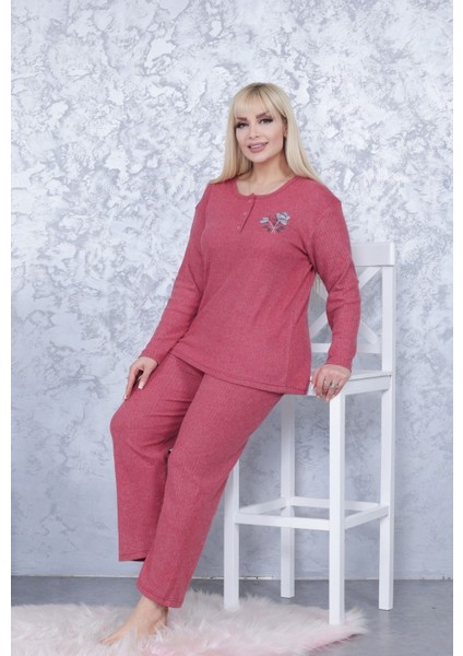 Kadın Büyük Beden Kışlık Bordo Tek Çiçek Pijama Takımı Annegri1 modelleri