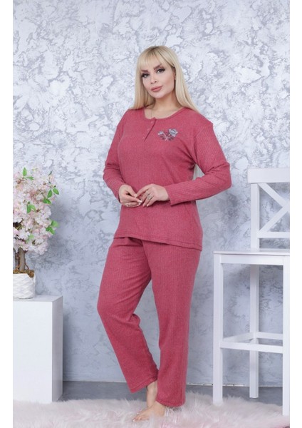 Kadın Büyük Beden Kışlık Bordo Tek Çiçek Pijama Takımı Annegri1 indirimleri