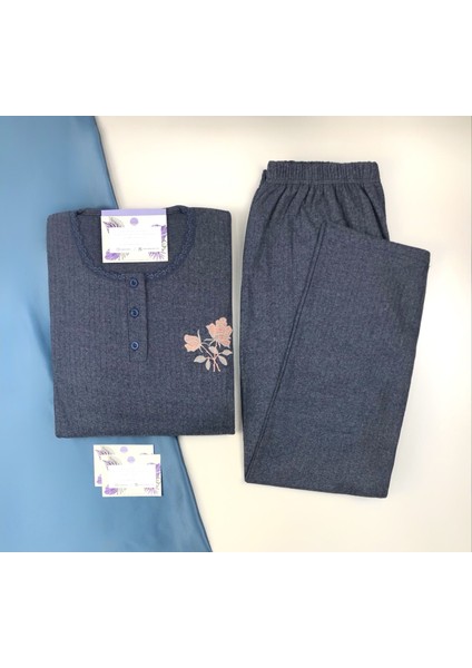 Kadın Büyük Beden Kışlık Lacivert Tek Çiçek Pijama Takımı Annegri1