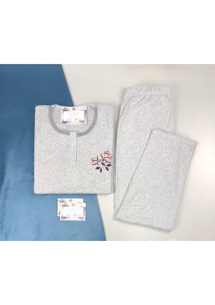 Kadın Büyük Beden Kışlık Gri Pudra Tek Çiçek Pijama Takımı Annegri1 fırsatları