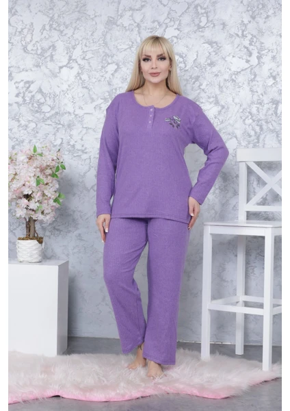 Kadın Büyük Beden Kışlık Mor Tek Çiçek Pijama Takımı Annegri1