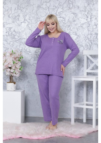 Kadın Büyük Beden Kışlık Mor Tek Çiçek Pijama Takımı Annegri1