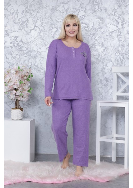 Kadın Büyük Beden Kışlık Mor Tek Çiçek Pijama Takımı Annegri1