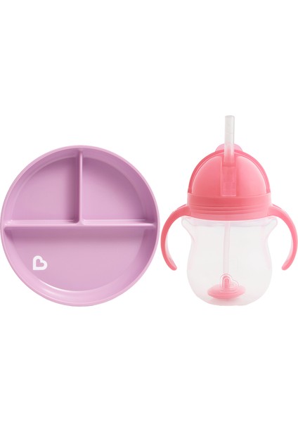 Sabit Vakumlu Beslenme Tabağı &tıklama Uçlu Pipetli Alıştırma Bardağı 6AY+ Mor&pembe 2'li Paket