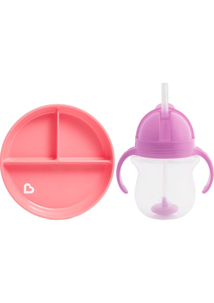 Sabit Vakumlu Beslenme Tabağı &tıklama Uçlu Pipetli Alıştırma Bardağı 6AY+ Pembe&mor 2'li Paket