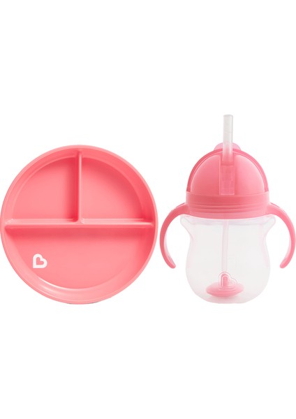 Sabit Vakumlu Beslenme Tabağı &tıklama Uçlu Pipetli Alıştırma Bardağı 6AY+ Pembe&pembe 2'li Paket