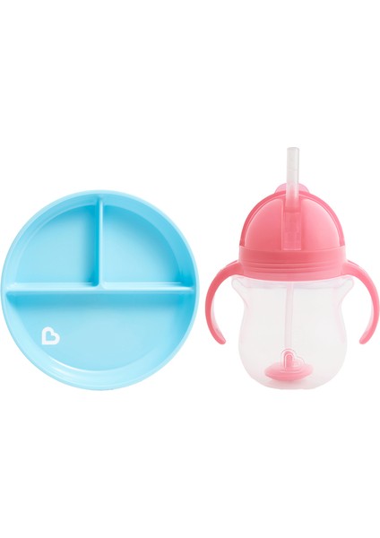 Sabit Vakumlu Beslenme Tabağı &tıklama Uçlu Pipetli Alıştırma Bardağı 6AY+ Mavi&pembe 2'li Paket