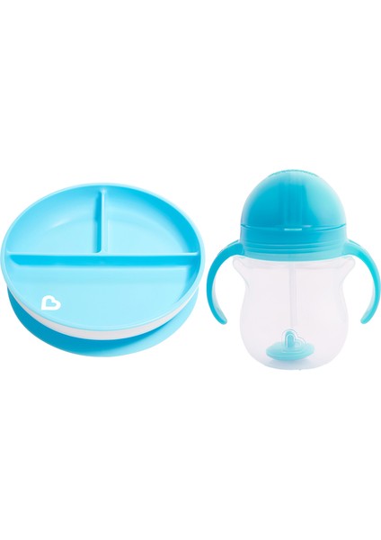Sabit Vakumlu Beslenme Tabağı &tıklama Uçlu Pipetli Alıştırma Bardağı 6AY+ Mavi&mavi 2'li Paket