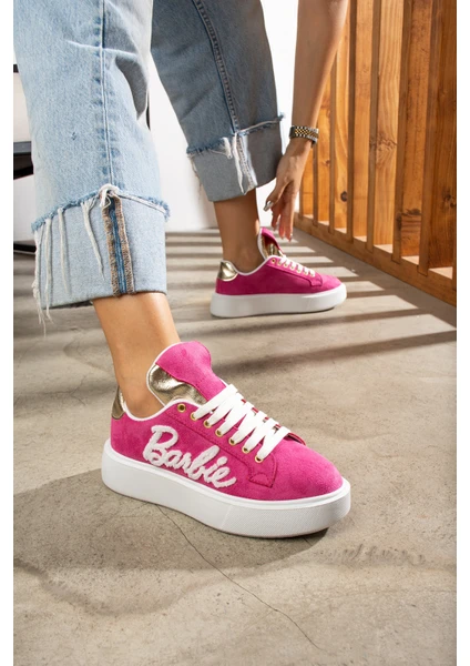 Yula Fashion Shoes Barbie Fuşya Süet Beyaz Taban Günlük Spor Sneker