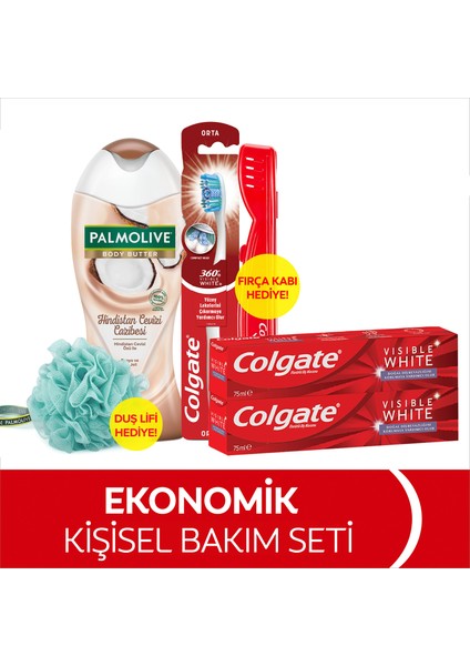 Visible White Diş Macunu 75 ml x2, 360 Visible White Orta Diş Fırçası, Palmolive Body Butter Duş Jeli 250 ml + Duş Lifi & Fırça Kabı