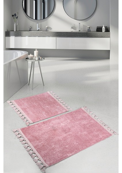 Nova Pembe 60X100 + 50X60 cm 2'li Köşeli Ponpon Saçaklı Banyo Halısı Kaymaz Yıkanabilir Paspas Seti