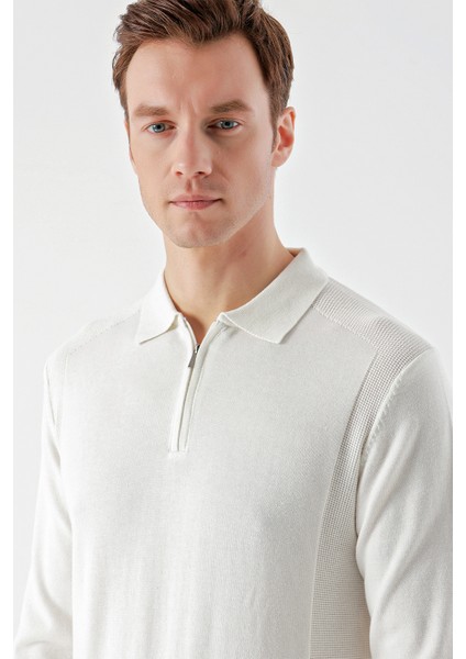 Erkek Ekru Trend Jakarlı Fermuarlı Polo Yaka Dynamic Fit Rahat Kesim Triko