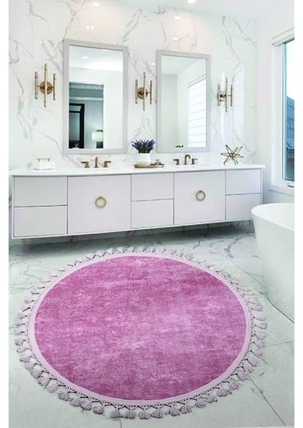 Nova Pembe Yuvarlak 120X120 cm Ponpon Saçaklı Kaymaz Tabanlı Makinede Yıkanabilir Banyo Paspası