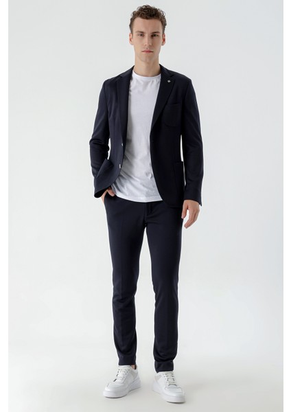 Erkek Lacivert Poliviskon Trend Desenli Slim Fit Mono Yaka Takım Elbise