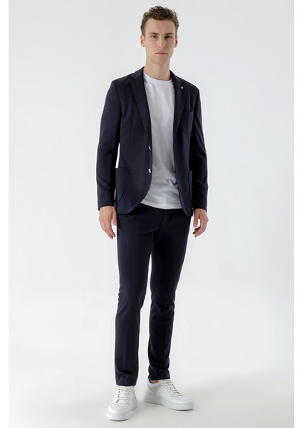 Erkek Lacivert Poliviskon Trend Desenli Slim Fit Mono Yaka Takım Elbise