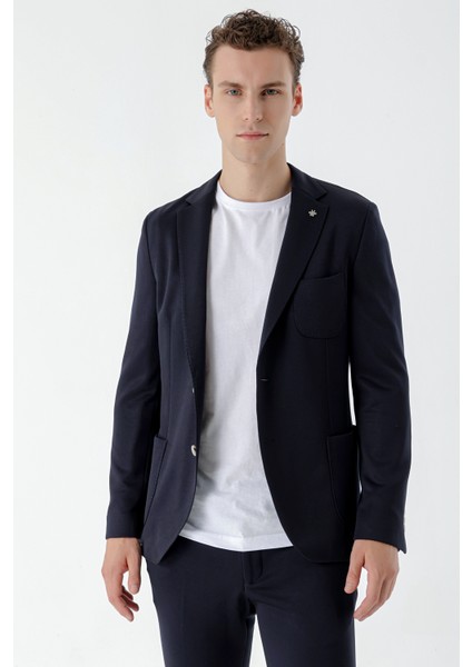 Erkek Lacivert Poliviskon Trend Desenli Slim Fit Mono Yaka Takım Elbise