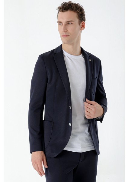 Erkek Lacivert Poliviskon Trend Desenli Slim Fit Mono Yaka Takım Elbise