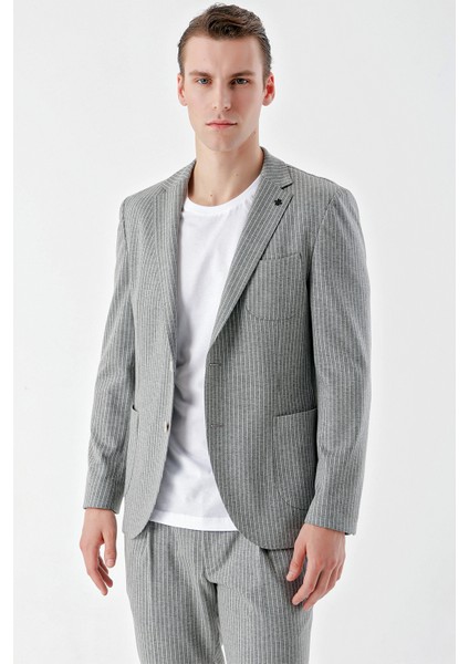 Erkek Gri Poliviskon Trend Çizgili Desen Slim Fit Mono Yaka Takım Elbise modelleri