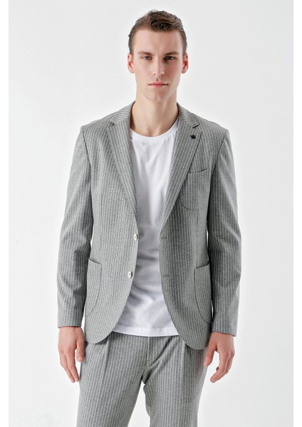 Erkek Gri Poliviskon Trend Çizgili Desen Slim Fit Mono Yaka Takım Elbise fırsatları