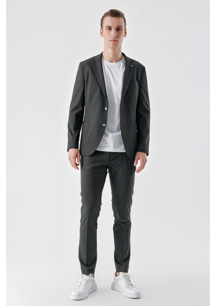 Erkek Lacivert Poliviskon Trend Çizgili Desen Slim Fit Mono Yaka Takım Elbise