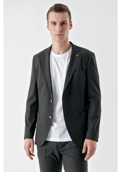 Erkek Lacivert Poliviskon Trend Çizgili Desen Slim Fit Mono Yaka Takım Elbise fiyatları