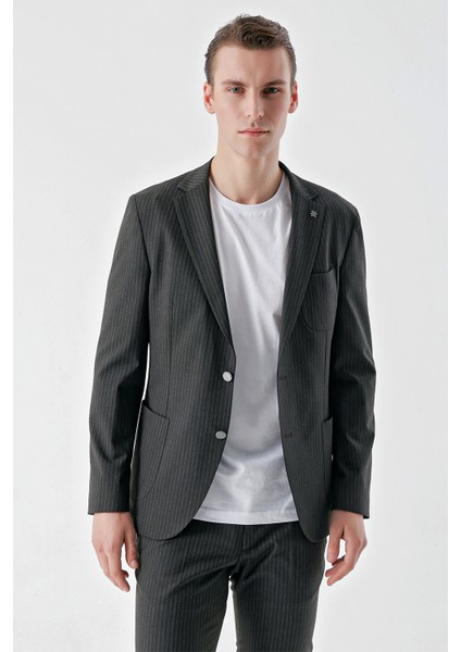 Erkek Lacivert Poliviskon Trend Çizgili Desen Slim Fit Mono Yaka Takım Elbise modelleri