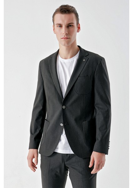 Erkek Lacivert Poliviskon Trend Çizgili Desen Slim Fit Mono Yaka Takım Elbise fırsatları