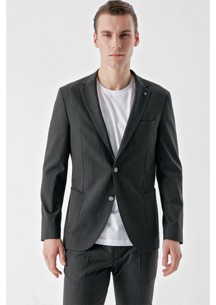 Erkek Lacivert Poliviskon Trend Çizgili Desen Slim Fit Mono Yaka Takım Elbise indirimleri