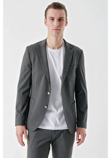 Erkek Gri Poliviskon Trend Çizgili Desen Slim Fit Mono Yaka Takım Elbise modelleri
