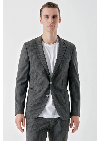 Erkek Gri Poliviskon Trend Çizgili Desen Slim Fit Mono Yaka Takım Elbise indirimleri