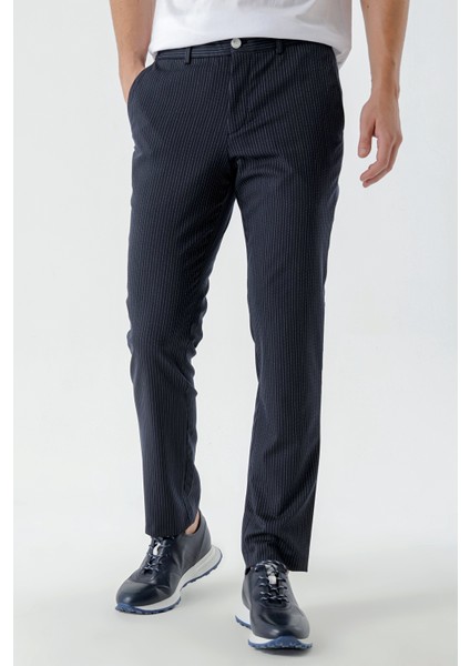 Erkek Lacivert Poliviskon Trend Çizgili Slim Fit Classic Pantolon modelleri