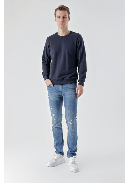 Erkek Lacivert Basic Bisiklet Yaka Sweat-Shirt