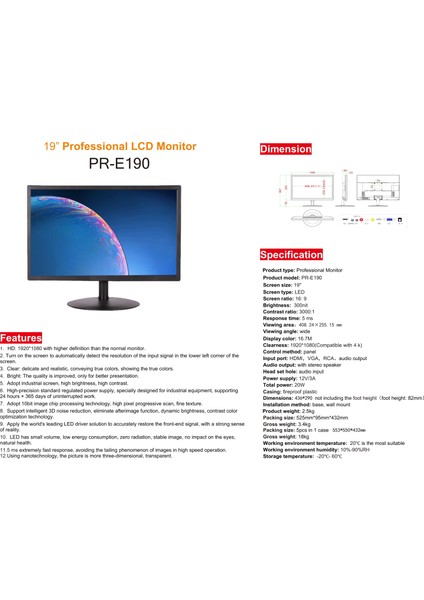 PR-E190 19" (HDMI+VGA) FHD LED Monitör TV