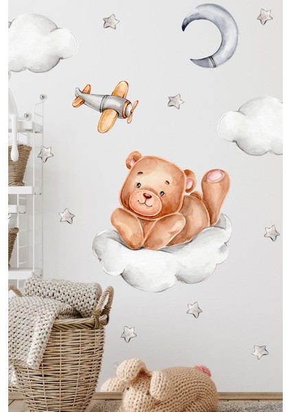 Bulutta Sevimli Ayıcık ve Yıldızlar Bulutlar Sevimli Sticker Seti Çocuk Bebek Odası Cam Duvar Sticke