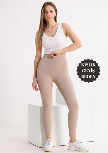 Curve Büyük Beden Fitilli Şardonlu Yüksek Bel Toparlayıcı Krem Kışlık Tayt