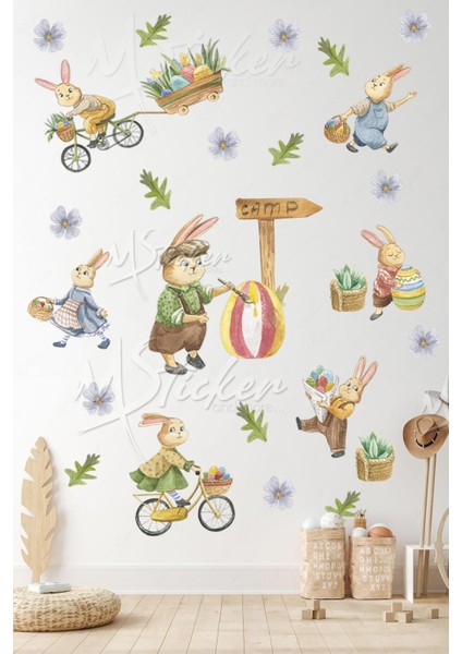 Sevimli Tavşan Ailesi Sticker Seti, Eğlenceli Tavşanlar Ağaçlar ve Çiçekler Çocuk Bebek Odası Stick