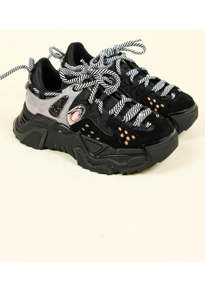 Sim Detaylı Süet Garnili Kalın Taban Spor Ayakkabı SİYAH