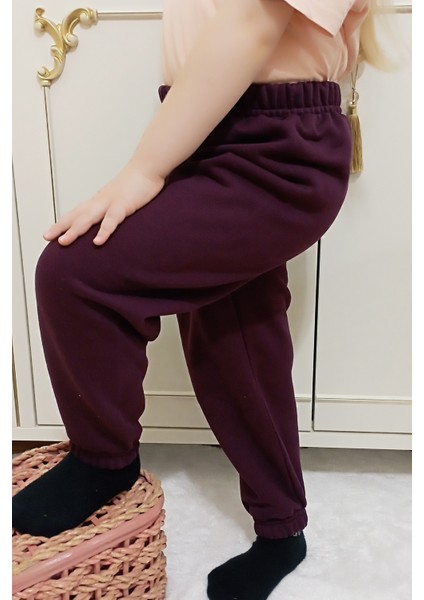 Çocuk Bordo 3 Iplik Şardonlu Paçası Lastikli Kışlık Eşofman Altı modelleri