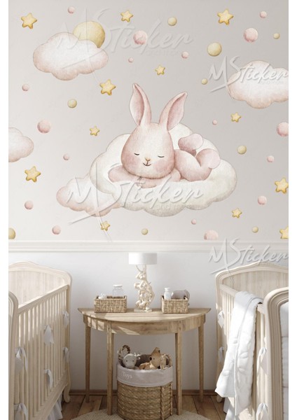 Hayallere Dalan Sevimli Tavşan Bulutlar Yıldızlar ve Puantiyeler Çocuk Bebek Odası Cam Duvar Sticker