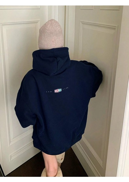 Kadın Lacivert Retromoment Baskılı Oversize Kapüşonlu Sweatshirt fiyatları