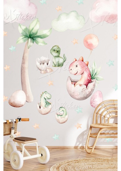 Sevimli Bebek Dinazorlar Bulutlar ve Yıldızlar Çocuk Bebek Odası Cam Duvar Sticker Seti