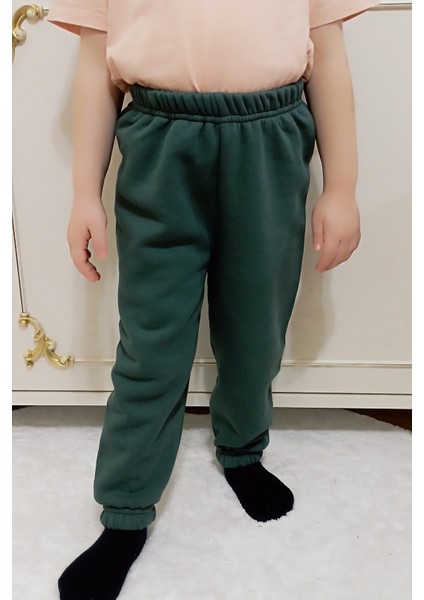 Çocuk Yeşil 3 Iplik Şardonlu Paçası Lastikli Kışlık Eşofman Altı