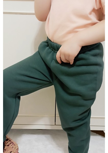 Çocuk Yeşil 3 Iplik Şardonlu Paçası Lastikli Kışlık Eşofman Altı modelleri