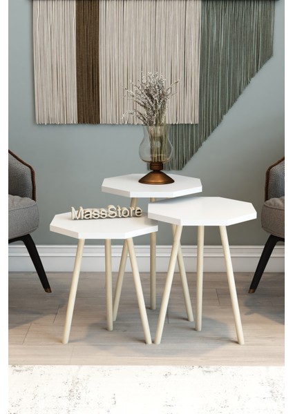 Ahşap Ayak 3'lü Zigon Sehpa Sekizgen Model