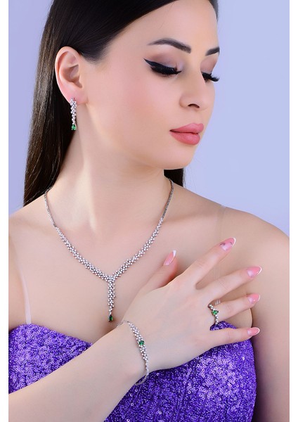 925 Ayar Gümüş Damla Salkım Pırlanta Montür Su Yolu Kadın Düğün Seti