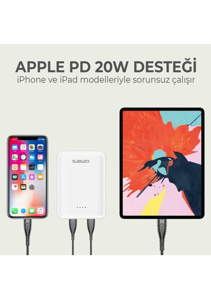 10000MAH Type-C ve USB Çift Çıkışlı Pd 20W Hızlı Şarj Destekli Mini Powerbank