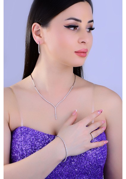 925 Ayar Gümüş Sıra Salkım Su Yolu Bayan Düğün, Özel Gün Seti Kolye,bileklik,küpe,yüzük