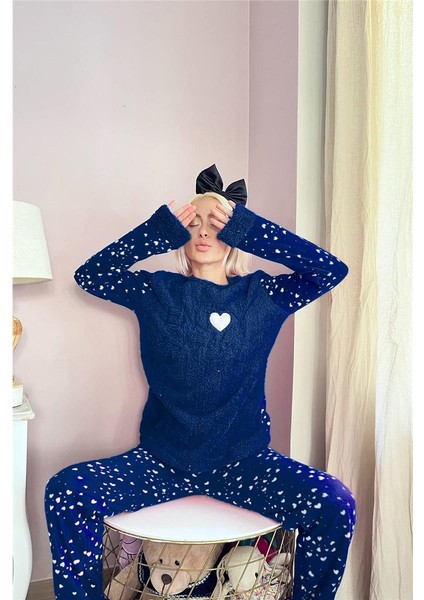 Pijama Evi Lacivert Enjoy Life Desenli Kadın Peluş Pijama Takımı