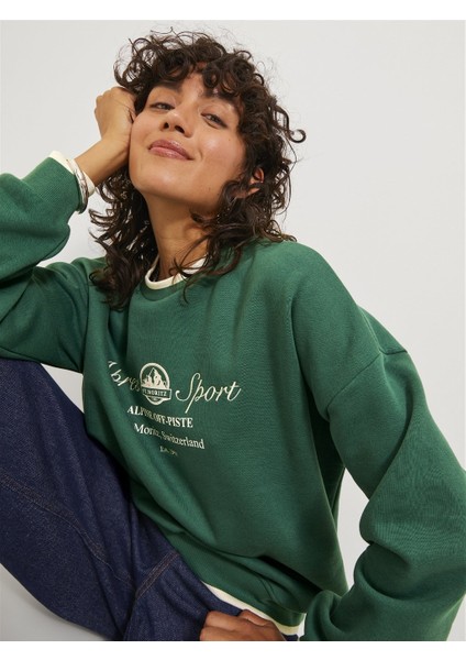 Bisiklet Yaka Rahat Kesim Baskılı Yeşil Kadın Sweatshirt 12246744 modelleri